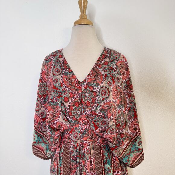 Boeme Womens Paisley Print Maxi Dress Size M Pink Teal Kimono Sleeve Boho Resort - Picture 4 of 13